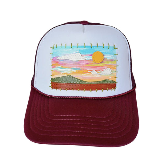 Patch Hat - Burgundy Green Hills Yellow Sun