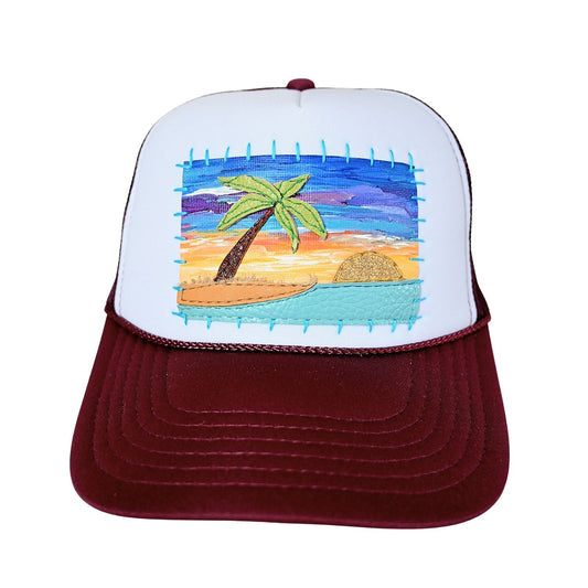 Patch Hat - Burgundy Palm Tree Island Foil Sun #2