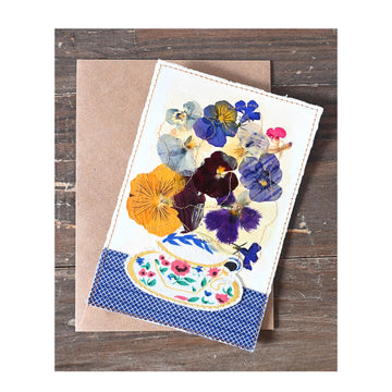Handmade Card - Pressed Flowers - Teacup Bouquet - Blue Tablecloth