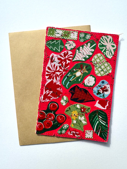 Handmade Card - Scrap Fabric Xmas RED