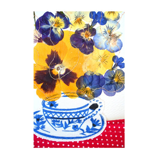Handmade Card - Pressed Flowers - Teacup Bouquet - Red Tablecloth