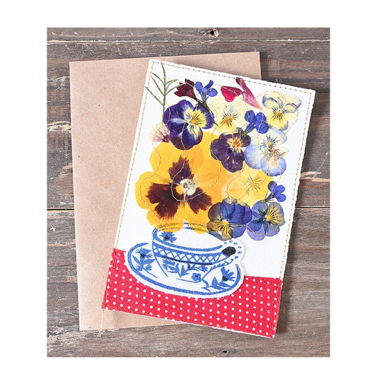 Handmade Card - Pressed Flowers - Teacup Bouquet - Red Tablecloth