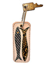 Leather keychain with fish design on a white background
