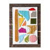 Colorful geometric shapes on a white background with a wooden frame